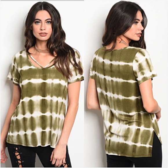Olive Tie Dye Ribbed Strappy Tee Top SML - Picture 6 of 6
